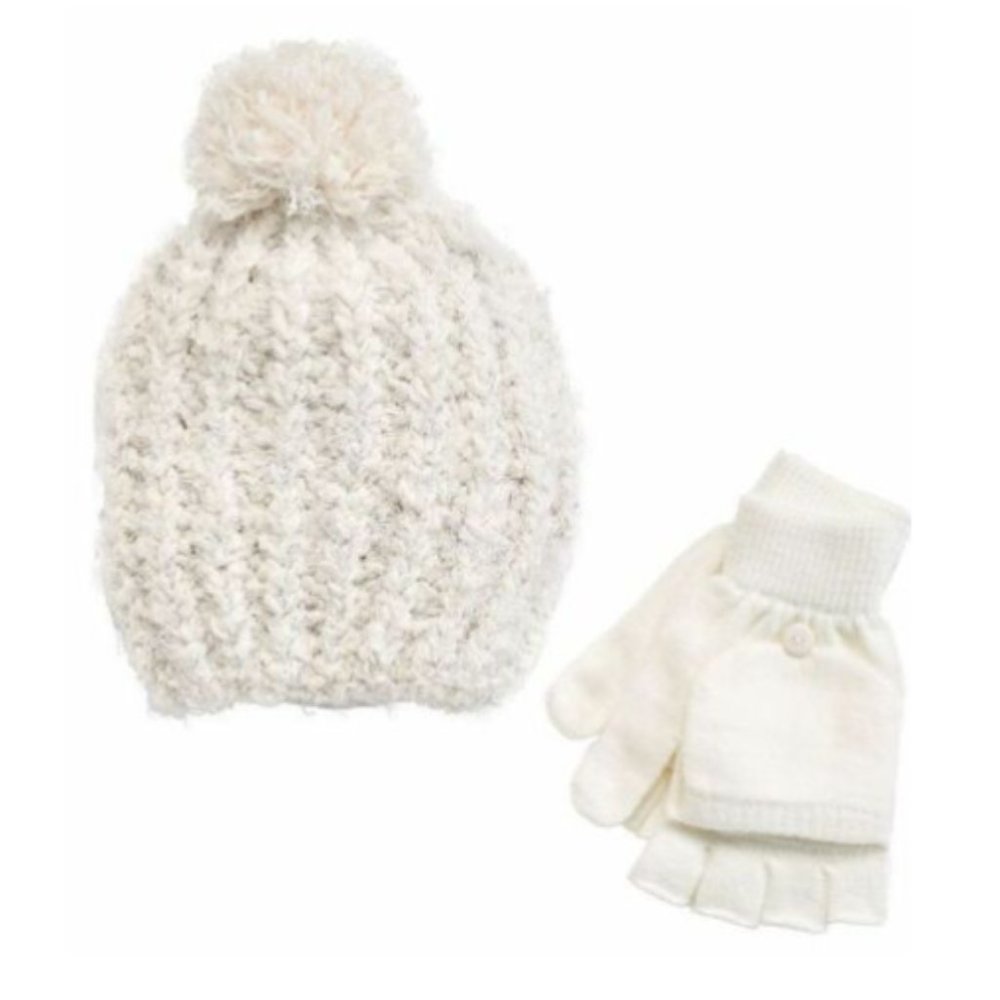 Girls SO Marled Sparkle Pom-Pom Hat & Flip-Top Fingerless Gloves Set